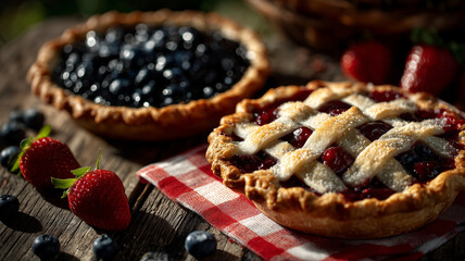 Delicious blueberry and strawberry pies on a rustic wooden table
