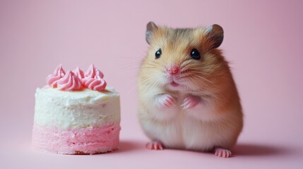 Adorable Hamster Sitting Near Cupcake on Pink Background for Birthday Banner Concept