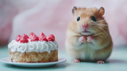 Adorable Hamster Sitting Near Cupcake on Pink Background for Birthday Banner Concept