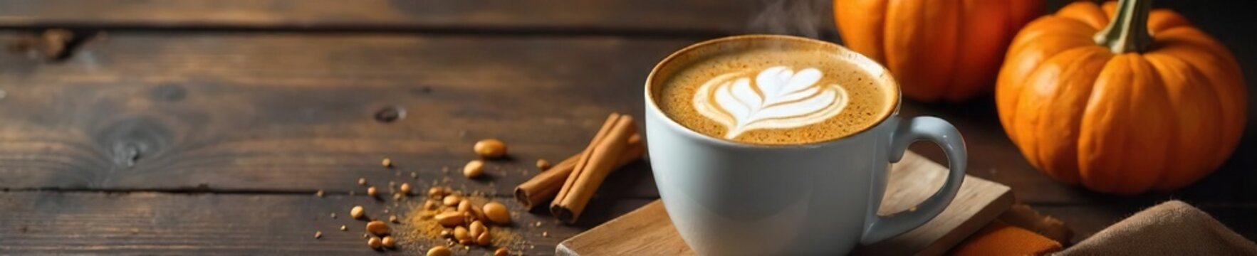 A steaming mug of pumpkin spice latte art sits beside a bowl of pumpkin seeds and a sprinkle of cinnamon, all on a rustic wooden table , seasonal drink, october