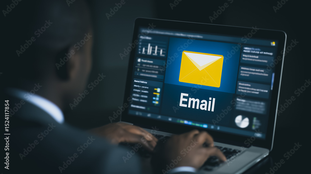 Aufkleber digital correspondence: a silhouette view of a person engaged in the modern-day business of sending 