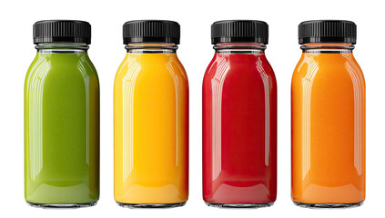 Four glass bottles of colorful fruit juices