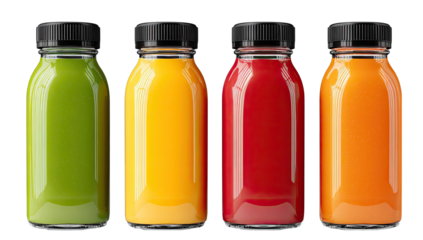 Four glass bottles of colorful fruit juices