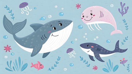 Cute cartoon ocean animals underwater scene