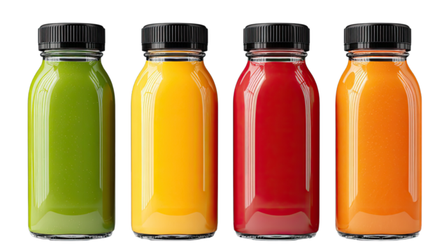 Four glass bottles of colorful fruit juices