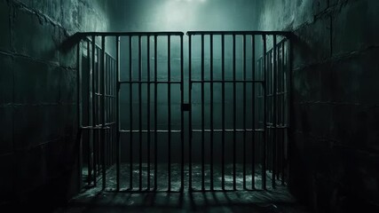 Gloomy prison cell with bars and dim lighting evokes confinement and suspense - Powered by Adobe