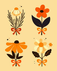 Colorful Cartoon Flower Illustrations with Bow Ties on Soft Background