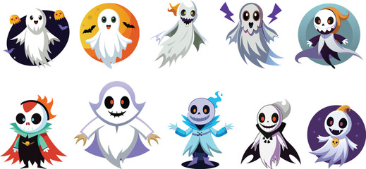 Obraz premium funny ghost flying cartoon set vector illustration