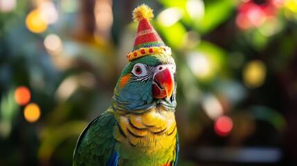 Colorful parrot wearing a festive party hat, perched against a dreamy bokeh background of lights and foliage, capturing a playful and whimsical moment in a natural outdoor setting.