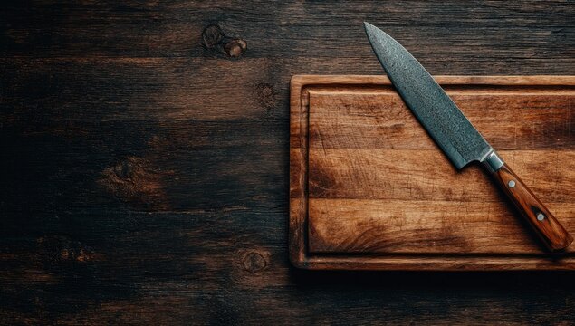 Wooden cutting board with knife on dark wood table - Powered by Adobe