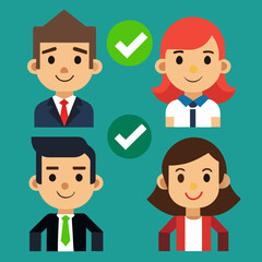 Diverse Team Members Approved with Checkmarks Flat Design Style Representing Successful Collaboration and Selection on a Teal Background Business and Human Resources