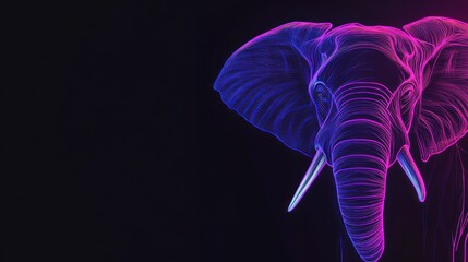 Neon-hued wireframe elephant head, rendered in vibrant pink and blue against a deep black background, showcasing intricate detail and a digital art style