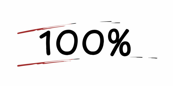 Handwritten 100 Percent Complete with Red Underlines on White Background Represents Success Accomplishment and Perfection in a Creative and Artistic Style