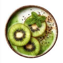 Fresh Kiwi Slices with Mint Leaves on Creamy Yogurt and Green Smoothie Base in Rustic Bowl