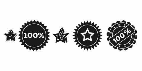 Vector Black and White Star Icons and Badges for Quality Success and Achievement Including 100 Percent Guarantee and Three Dimensional Star