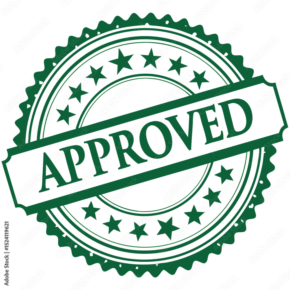 Poster green approved stamp with stars and serrated edge on black background symbolizing validation authori