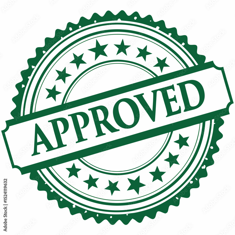 Poster green approved stamp with stars and scalloped edge symbolizing quality acceptance and validation for