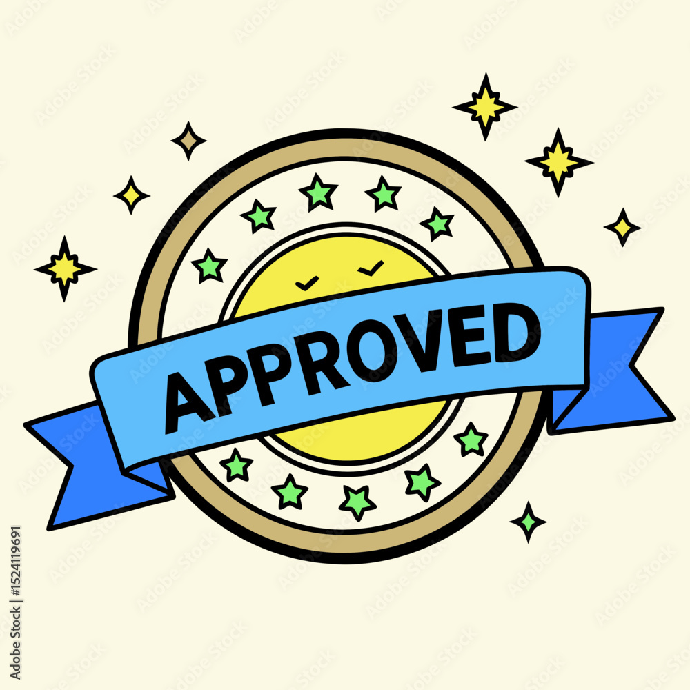 Poster approved badge with stars and ribbon symbolizing success acceptance and validation ideal for busines