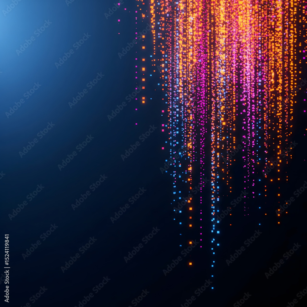 Poster an abstract background displays a cascade of vibrant orange, pink, and blue pixels and particles, cr