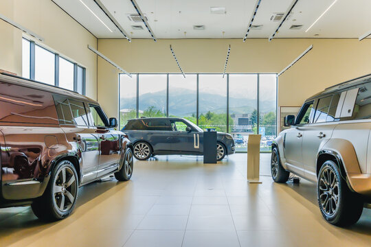 Almaty, Kazakhstan - May 29, 2025: Inside the Jaguar Land Rover showroom