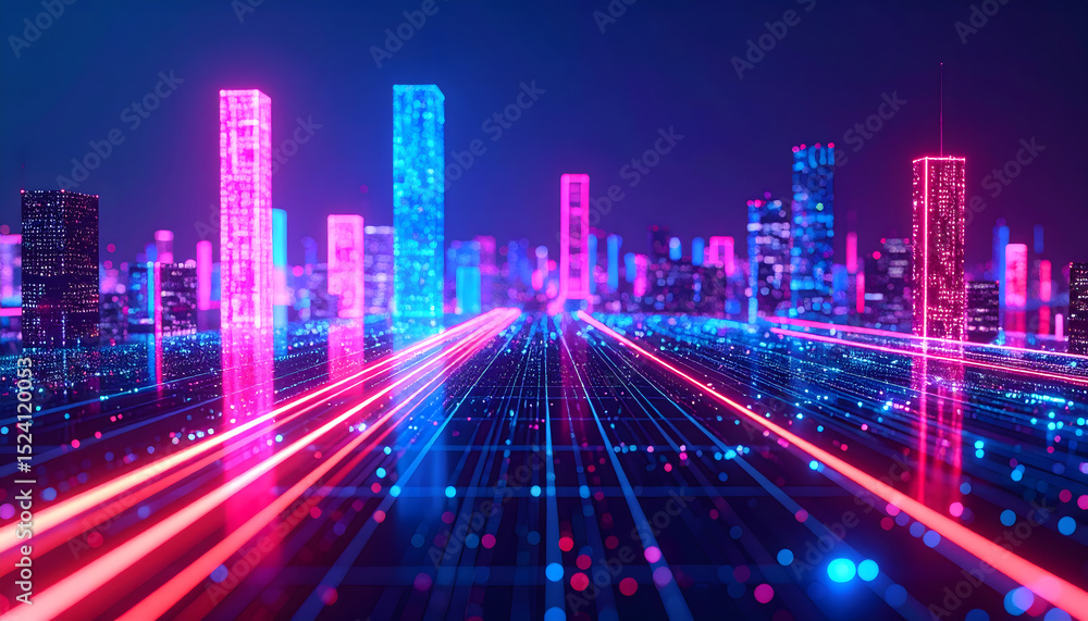 Poster a dynamic and abstract image of a futuristic cityscape with neon pink and blue lights and glowing da