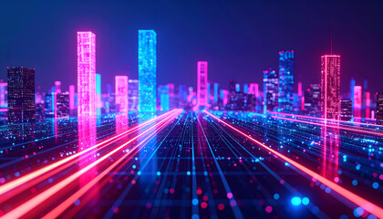 Fototapeta premium A dynamic and abstract image of a futuristic cityscape with neon pink and blue lights and glowing data lines