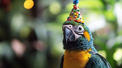Colorful parrot wearing a festive party hat, perched against a dreamy bokeh background of lights and foliage, capturing a playful and whimsical moment in a natural outdoor setting.