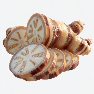 Fresh Cross-Section of Tarok Root Revealing Creamy Texture and Striking Pattern on Pure White Background