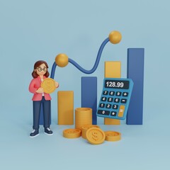 3d character female accountant working on income statistics. Accounting operations, report analysis, budget planning, financial audit. 3d rendering.