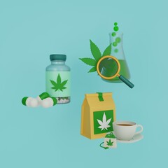 3d medical cannabis product icon set. CBD products. Marijuana capsule bottle, CBD oil, hemp tea. Healthcare, medicine, treatment. 3D rendering.
