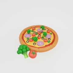 3d icon vegetarian pizza. Italian fast food with vegetables, tomato, broccoli, olive, onion, basil. European snack. 3d rendering.
