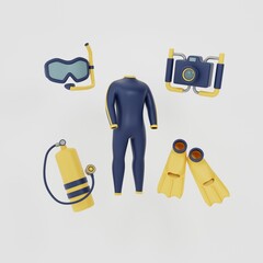 Set of 3d diving equipment icons. Scuba diving. Wetsuit, diving mask, fins, oxygen tank, underwater camera. 3d rendering.