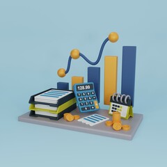 3D workplace of an accountant, economist. Work with documentation, payroll calculation. Calendar, calculator, paper tray. 3D rendering.