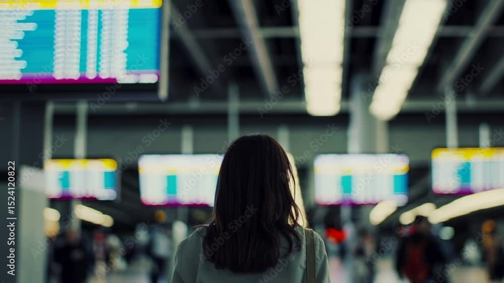 Poster female passenger navigating busy airport terminal, scanning electronic flight information display fo