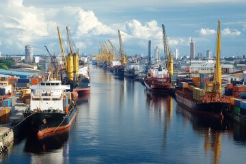 Fototapeta premium Cargo ships unloading at a bustling port busy harbor scene industrial environment aerial view maritime operations highlight