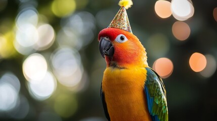 Colorful parrot wearing a festive party hat, perched against a dreamy bokeh background of lights and foliage, capturing a playful and whimsical moment in a natural outdoor setting.
