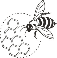 Playful Black and White Vector Illustration of a Bee Hovering Near Honeycomb with Dotted Flight Path Celebrating Nature's Geometry