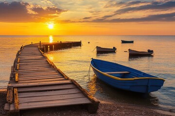 Obraz premium Tranquil sunset beach scene with wooden pier and boats serene coastal setting photography scenic viewpoint nature's beauty
