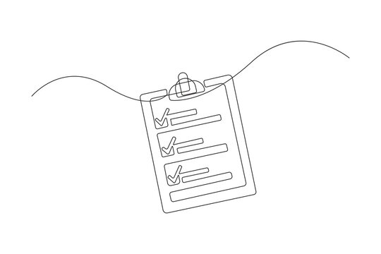 Minimal continuous one line drawing of a clipboard with checklist &ndash; outline vector illustration for productivity, planning, and office-themed designs.