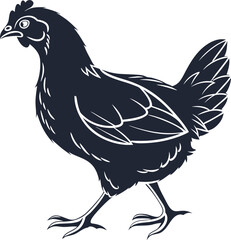 Elegant Blue and White Vector Illustration of a Chicken with Intricate Feather Details in a Stylish Farmyard Pose