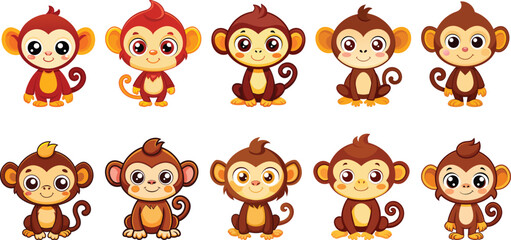 Fototapeta premium Baby monkey cartoon set vector illustration