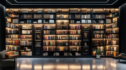 Dark, modern library with illuminated shelving