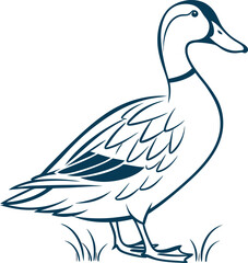 Elegant Blue Line Art Illustration of a Duck in Profile with Intricate Feather Details in a Natural Setting