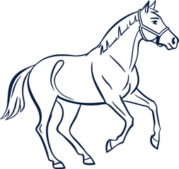 Stylized Line Drawing of a Majestic Horse in Motion Captured in Elegant Blue and White Vector Illustration