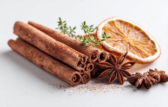 Cinnamon sticks, dried orange slices, anise stars, and thyme sprigs on a white background