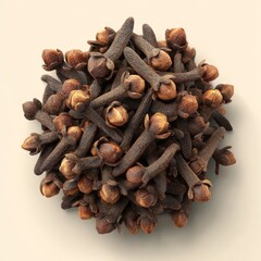 Obraz premium Close-up View of Dried Cloves Arranged in a Unique Organic Shape with Natural Brown and Black Tones on a Light Background