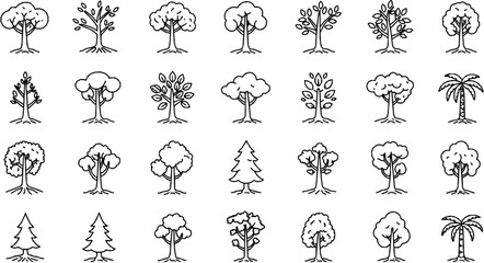 Trees line icon set. Vector pictograms of roots, branches, leaves, fruit, apple, orange, evergreen, tropical, thin linear illustration.
