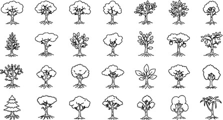 Trees line icon set. Vector pictograms of roots, branches, leaves, fruit, apple, orange, evergreen, tropical, thin linear illustration.

