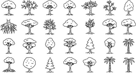 Trees line icon set. Vector pictograms of roots, branches, leaves, fruit, apple, orange, evergreen, tropical, thin linear illustration.
