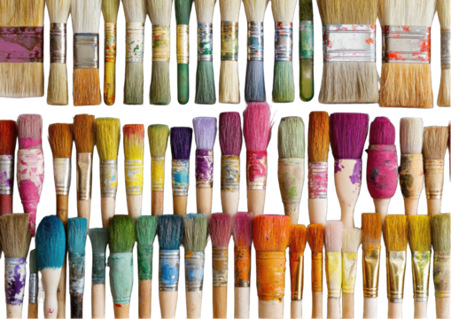 Rows of colorful paintbrushes, various sizes and colors, arranged tightly